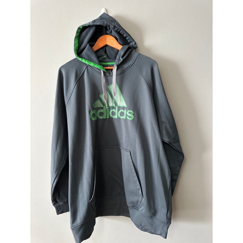 Adidas Men’s 2XL Gray Green Logo Pullover Hoodie Fleece Lined Athletic Sweat